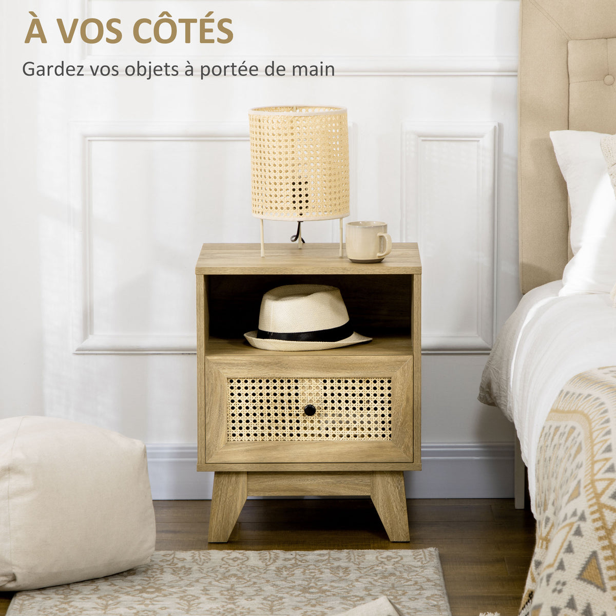 Lot de 2 tables de chevet  table de nuit avec tiroir porte cannage et niche vintage 45 x 39 x 56,5 cm-3