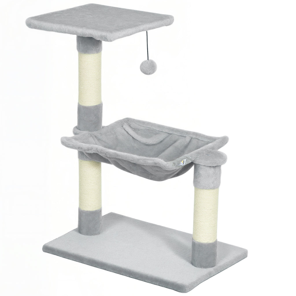 Arbre à chat 3 griffoirs grattoirs sisal naturel plateforme hamac et boule suspendue 50 x 26 x 70 cm peluche courte gris-0