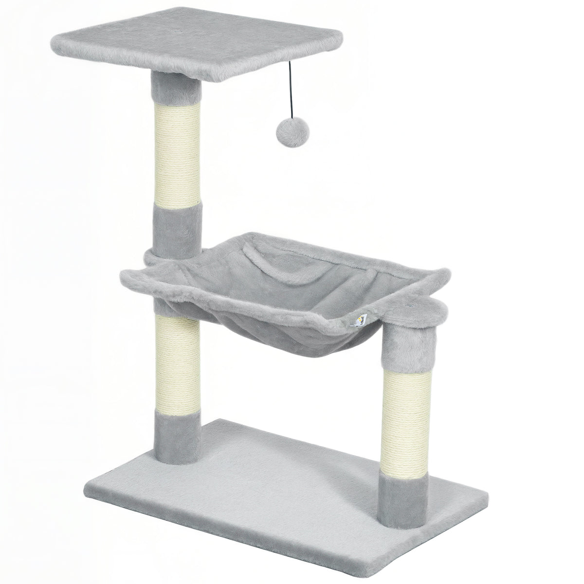Arbre à chat 3 griffoirs grattoirs sisal naturel plateforme hamac et boule suspendue 50 x 26 x 70 cm peluche courte gris-0