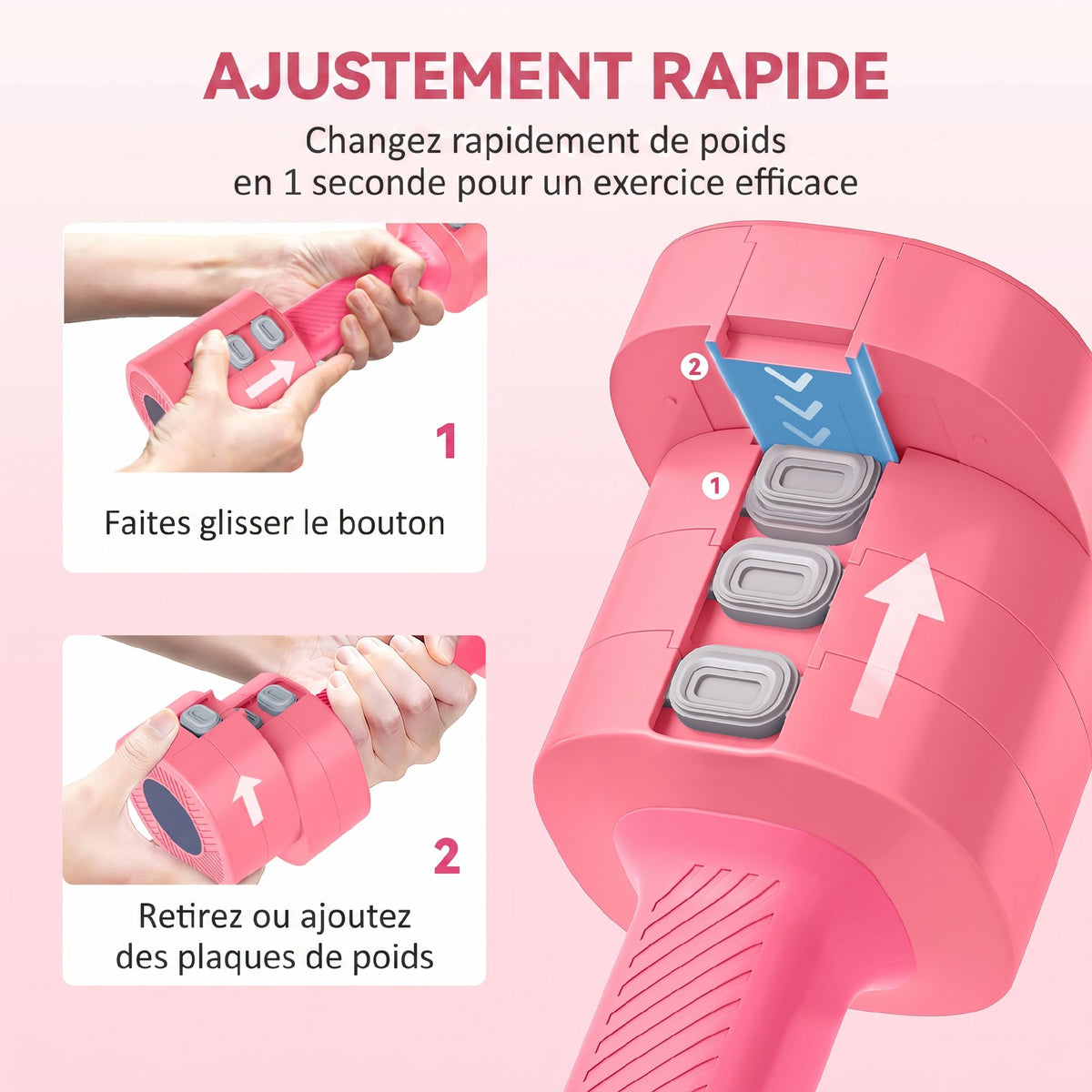 Ensemble d'Haltères Réglables 5 kg 4 en 1, Paires d'Haltères 1kg/1,5kg/2kg/2,5kg avec Poignée Antidérapante, Rose Cerise-4