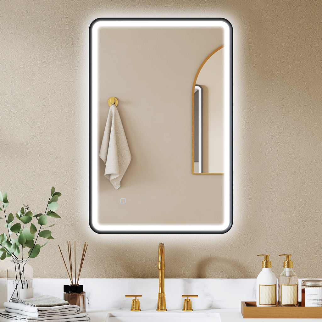 Miroir salle de bain avec éclairage 90 x 60 cm, miroir LED mural, anti-buée, 3 couleurs lumière, dimmable, noir-1