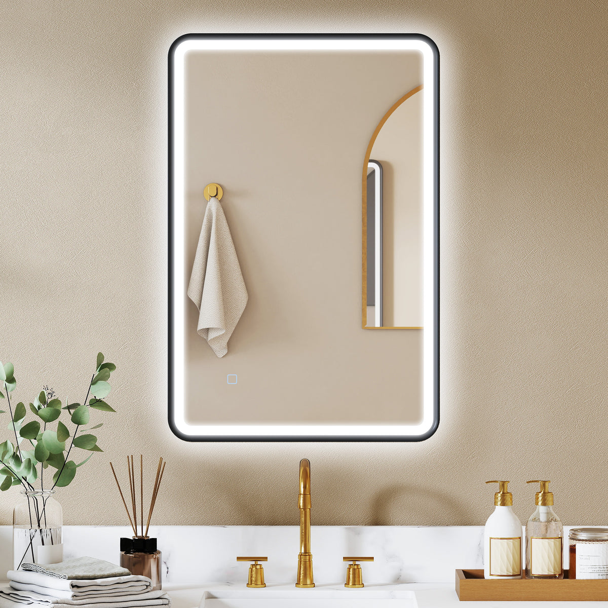 Miroir salle de bain avec éclairage 90 x 60 cm, miroir LED mural, anti-buée, 3 couleurs lumière, dimmable, noir-1