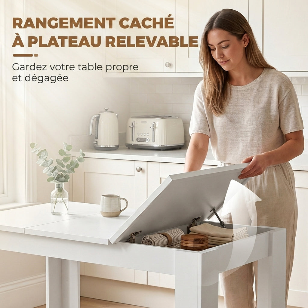 Table à Manger pour 4 Personnes avec Plateau Relevable et Rangements Cachés, 120 x 60 x 75,5 cm, Blanc-4