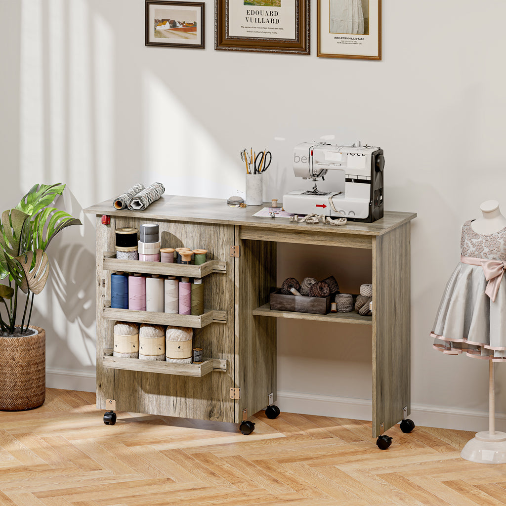 Table de couture pliante meuble couture à abattant avec bacs de rangement, étagère ouverte et roulettes effet bois grisé-9