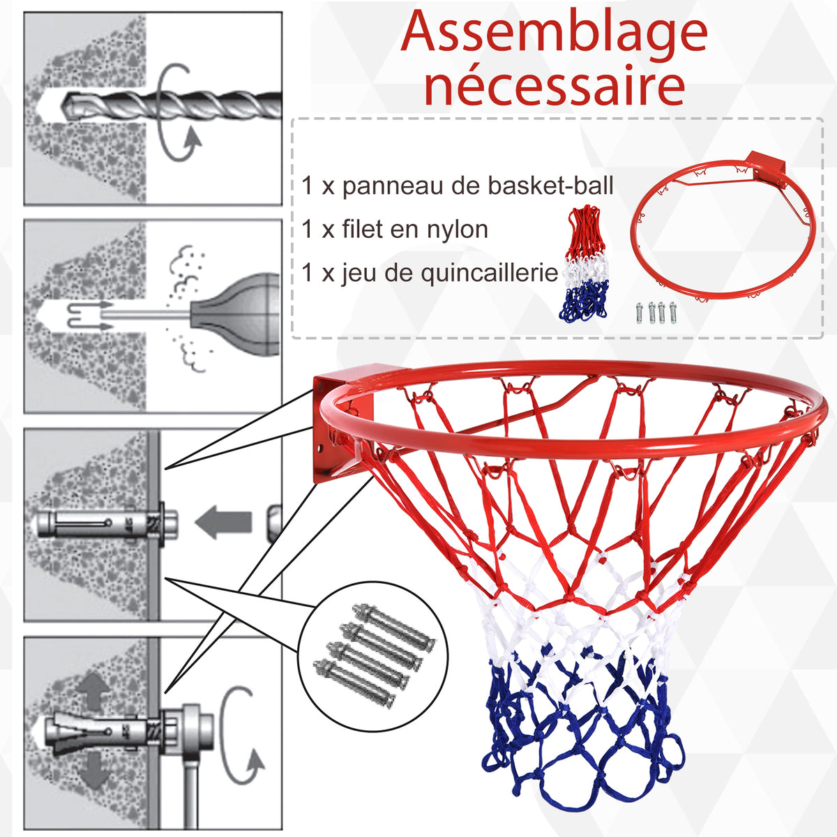 Panier de basket, anneau de basketball avec filet, suspendu mural intérieur et extérieur,  Ø 46 x 46 cm, rouge-3