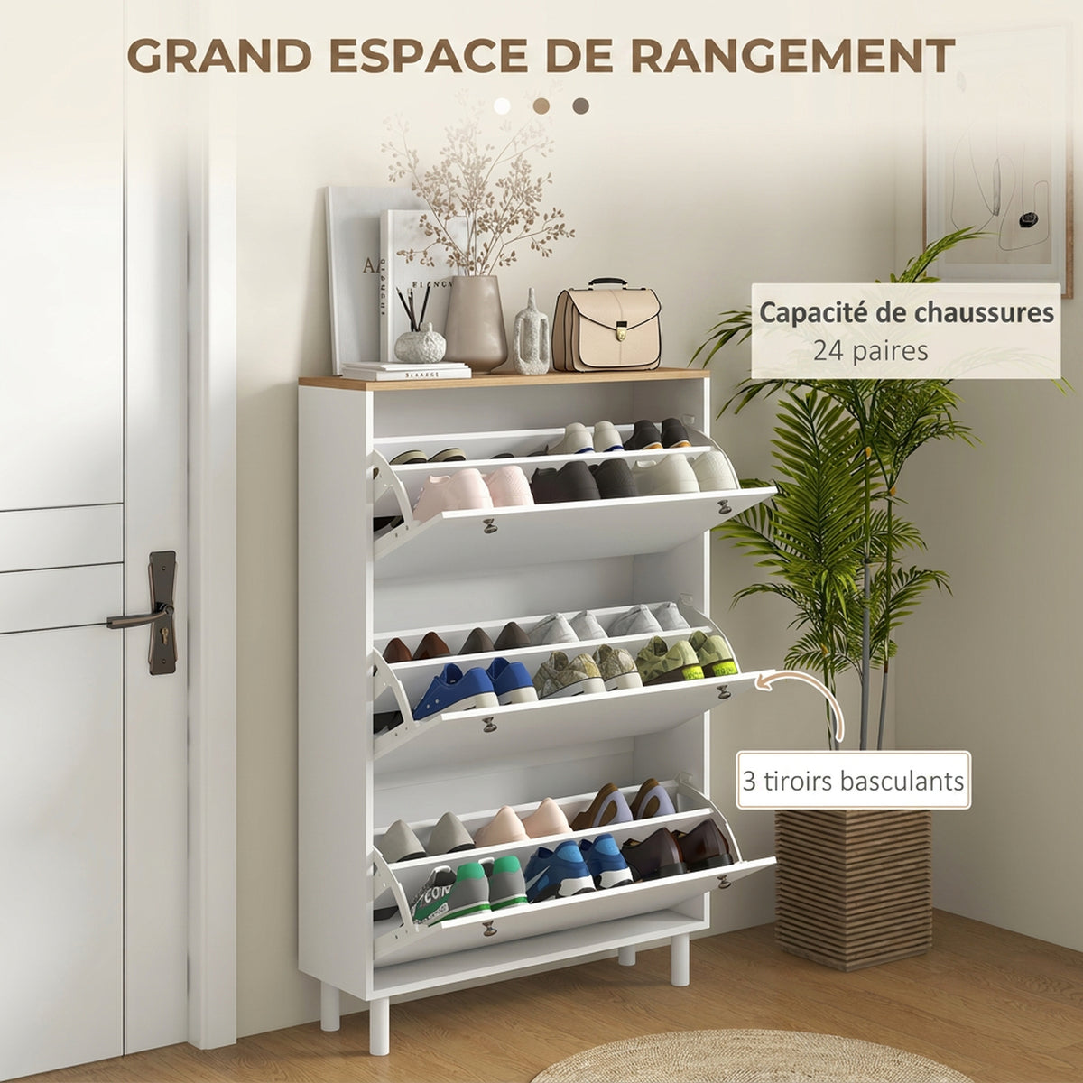 Meuble à Chaussures 24 Paires, Armoire à Chaussures Étroite avec 3 Tiroirs Rabattables, Étagères Réglables, Blanc-3