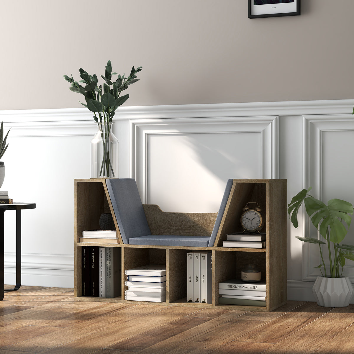 Bibliothèque Banc 2 en 1 Design Contemporain 6 casiers 3 Coussins fournis 102L x 30l x 61H cm Chêne Gris-9