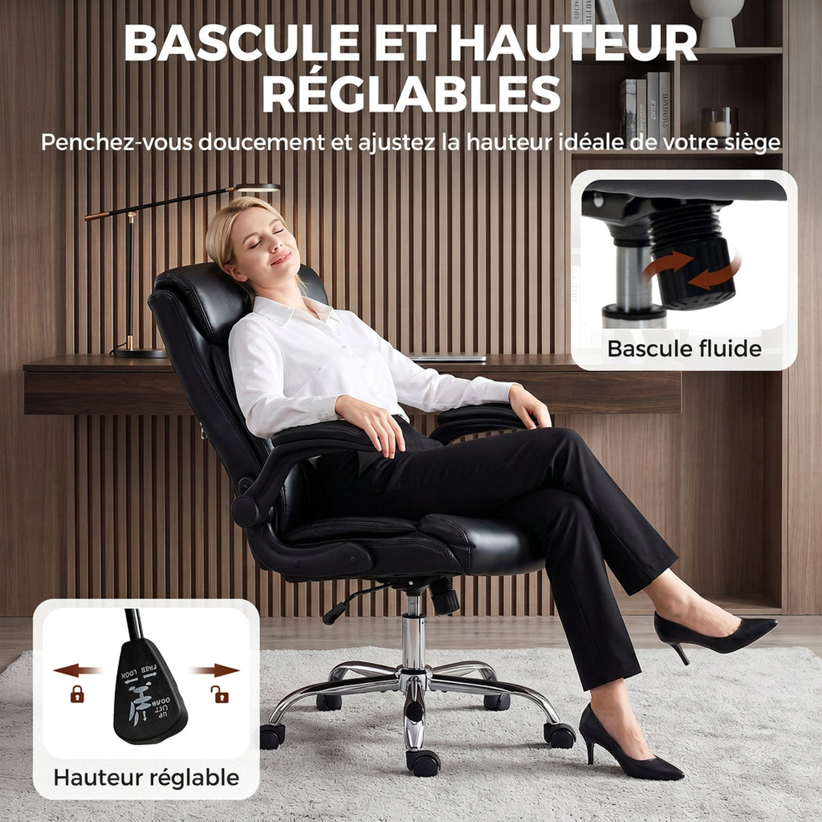 Chaise Bureau Ergonomique avec Accoudoirs Relevables, Fauteuil de Bureau en PU, Hauteur Réglable, Fonction Bascule, Noir-4