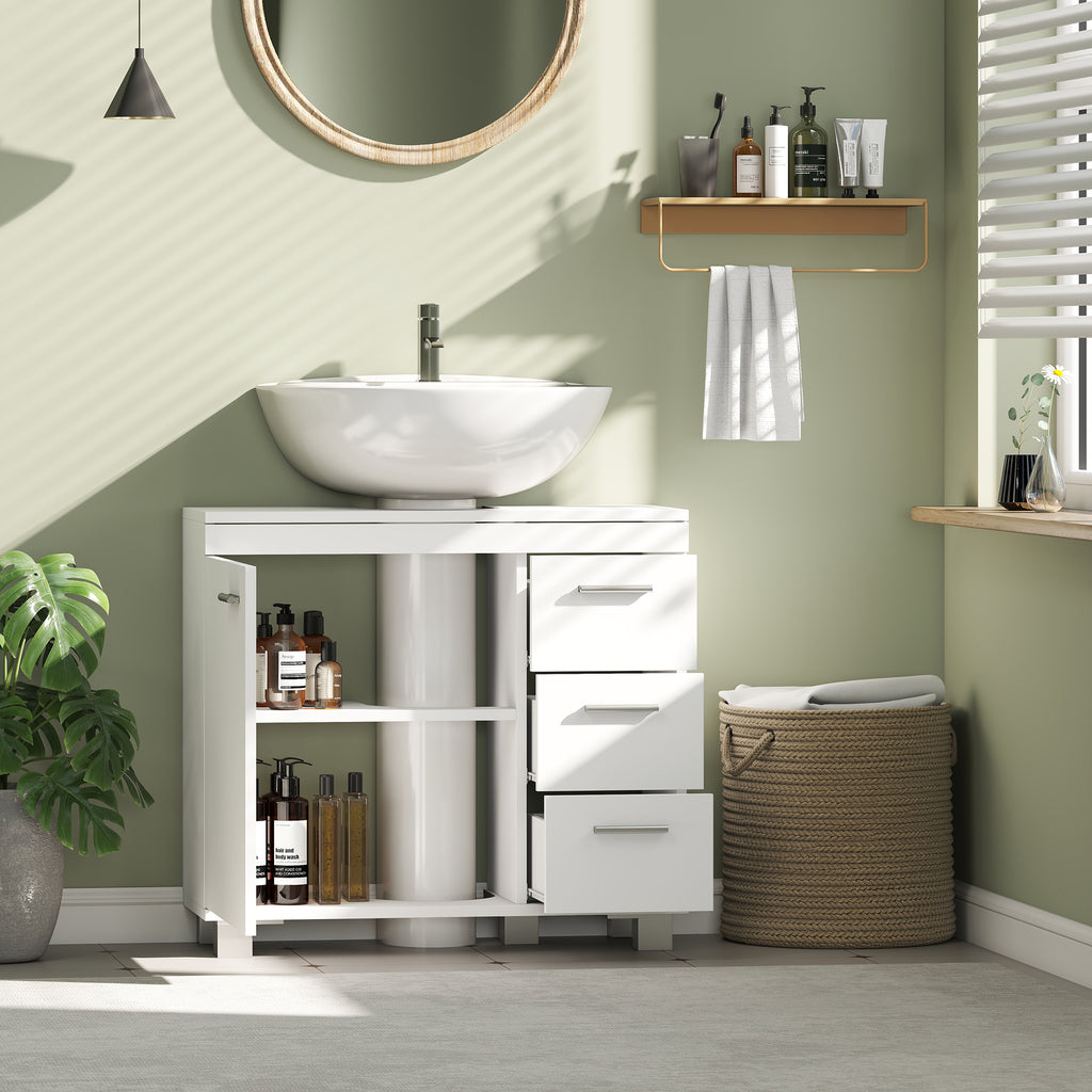 Meuble sous lavabo, meuble de salle de bain avec 3 tiroirs et porte à fermeture amortie, 70 x 30 x 64 cm, blanc-8