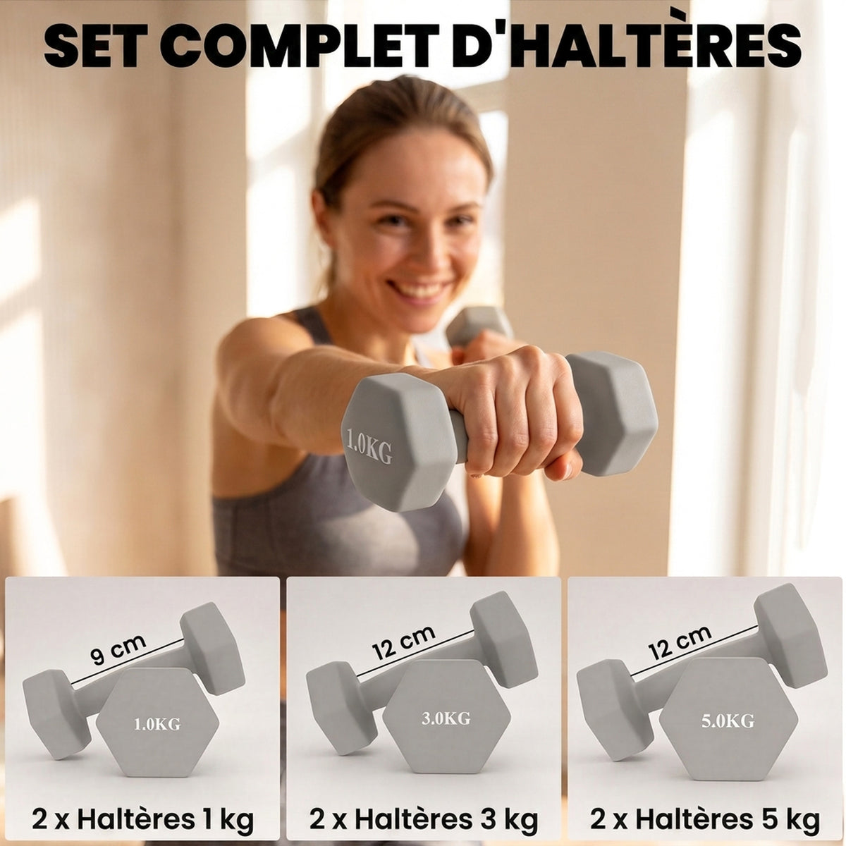 Lot de 3 Paires d'Haltères Hexagonaux Antidérapants 18 kg en Fonte, Revêtement PVC, avec Support en Bois, Gris Clair-3