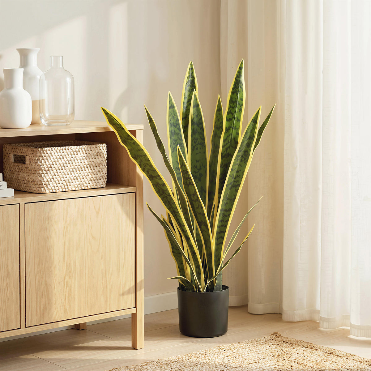 Plante Artificielle Sansevieria 77 cm avec 21 Feuilles Ajustables et Pot, Facile à Nettoyer, pour Bureau, Chambre, Vert-1