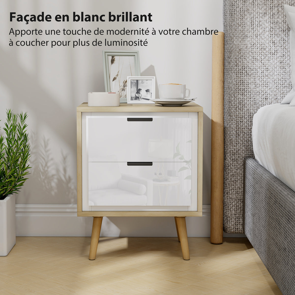 Table de chevet étroite, table d'appoint 2 tiroirs silencieux et pieds en bois massif, 40 x 35 x 50 cm, blanc brillant-4