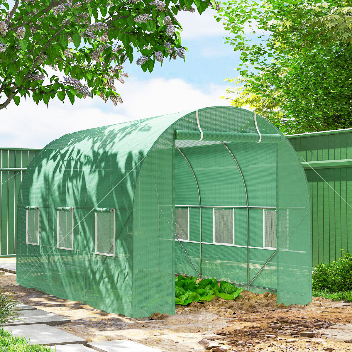 Serre de Jardin Tunnel Surface Sol 7m² 3,5L x 2l x 2H m châssis Tubulaire renforcé Porte zippée 6 fenêtres enroulables Vert-9