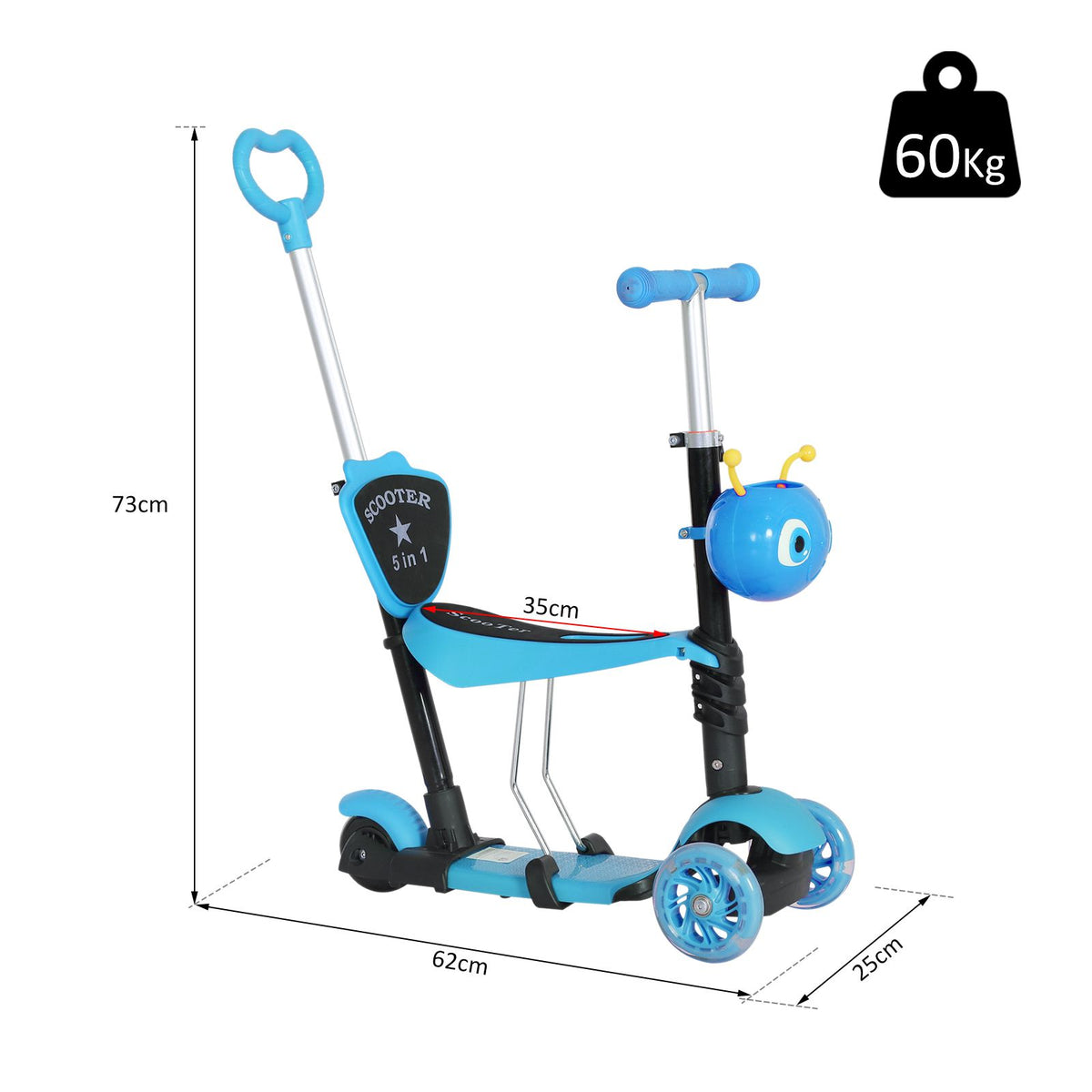 3 en 1 Trottinette pour Enfants Trottinette 3 Roues évolutive Hauteur Guidon réglable charge max. 50 Kg Canne télescopique Selle Dossier Amovible Bleu-2