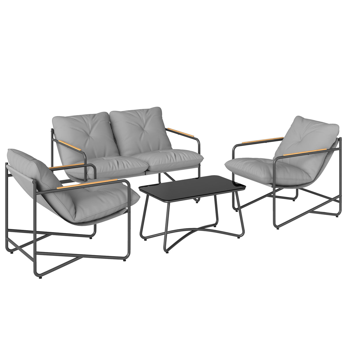 Salon de Jardin 4 Pièces Ensemble avec Canapé 2 Places, 2 Fauteuils et Table Basse Verre Trempé Coussins 13cm Gris Clair-0