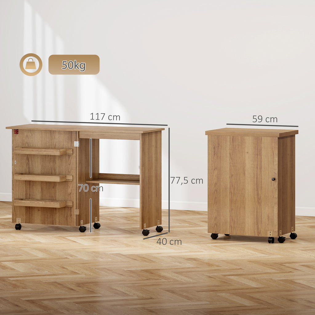 Table de couture pliante meuble couture à abattant avec bacs de rangement, étagère ouverte et roulettes, marron-2