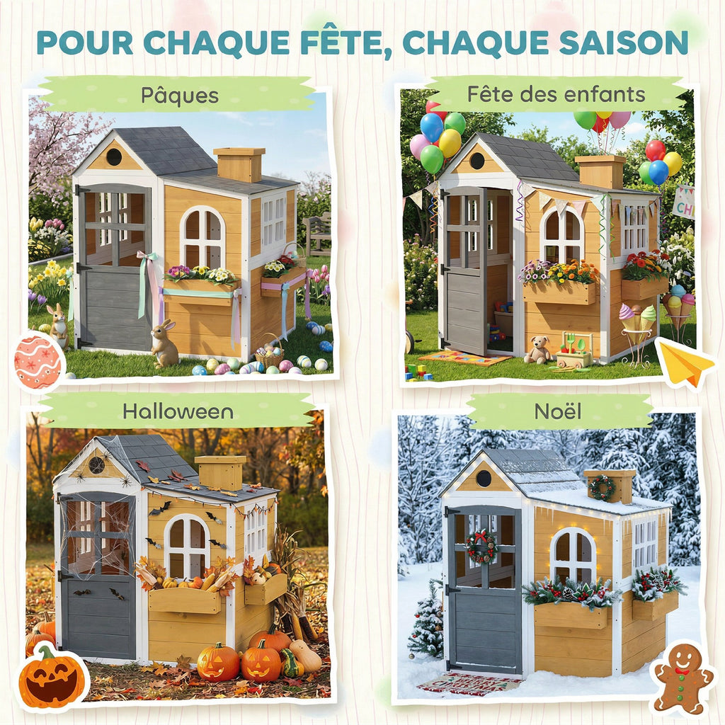 Cabane enfant extérieur en bois, maison enfant extérieure/intérieure avec porte, fenêtres, 3 bacs à fleurs, jaune-7