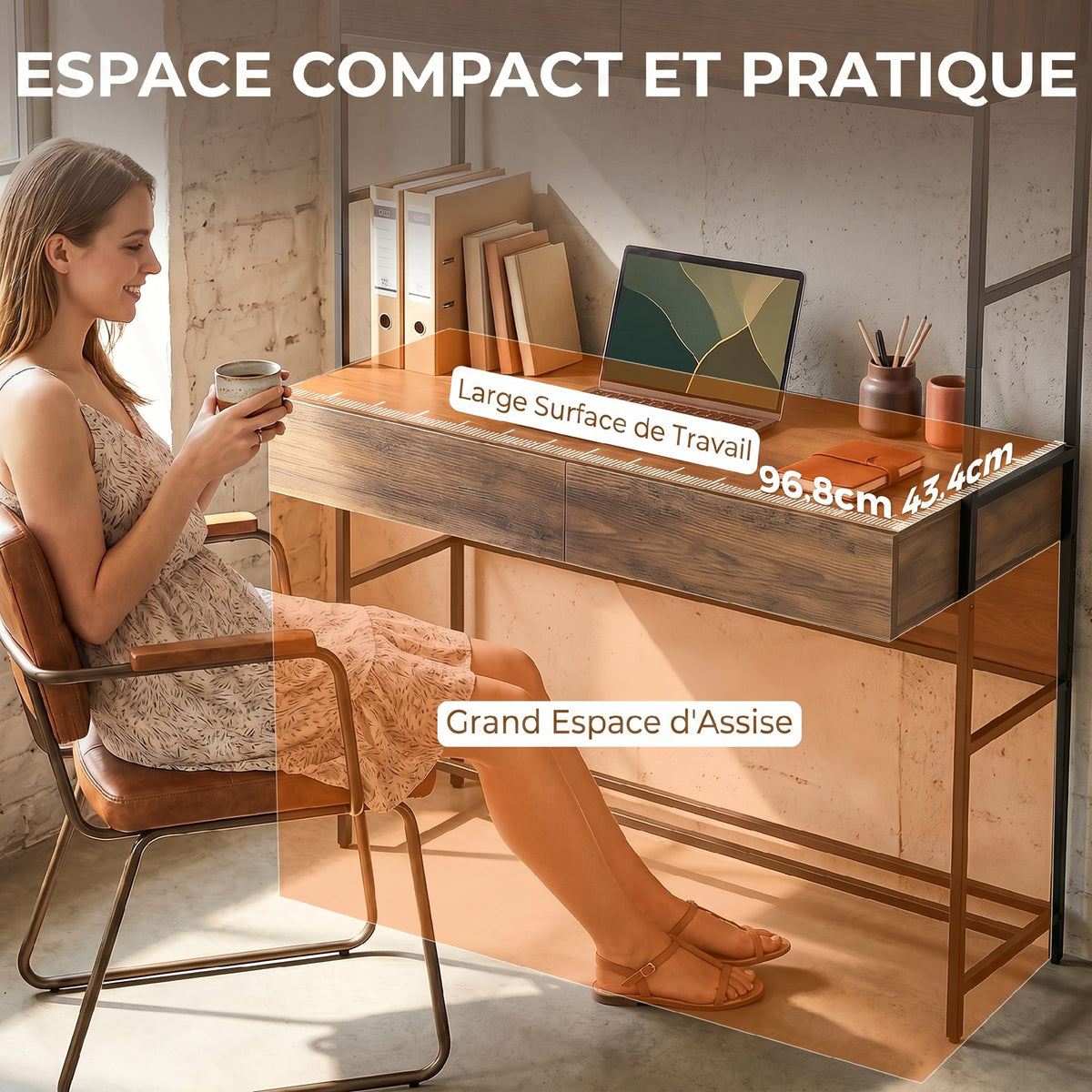 Bureau d'ordinateur avec 2 tiroirs, 100 x 45 x 185 cm, bureau avec rangement, 2 portes et étagères ouvertes, marron-4
