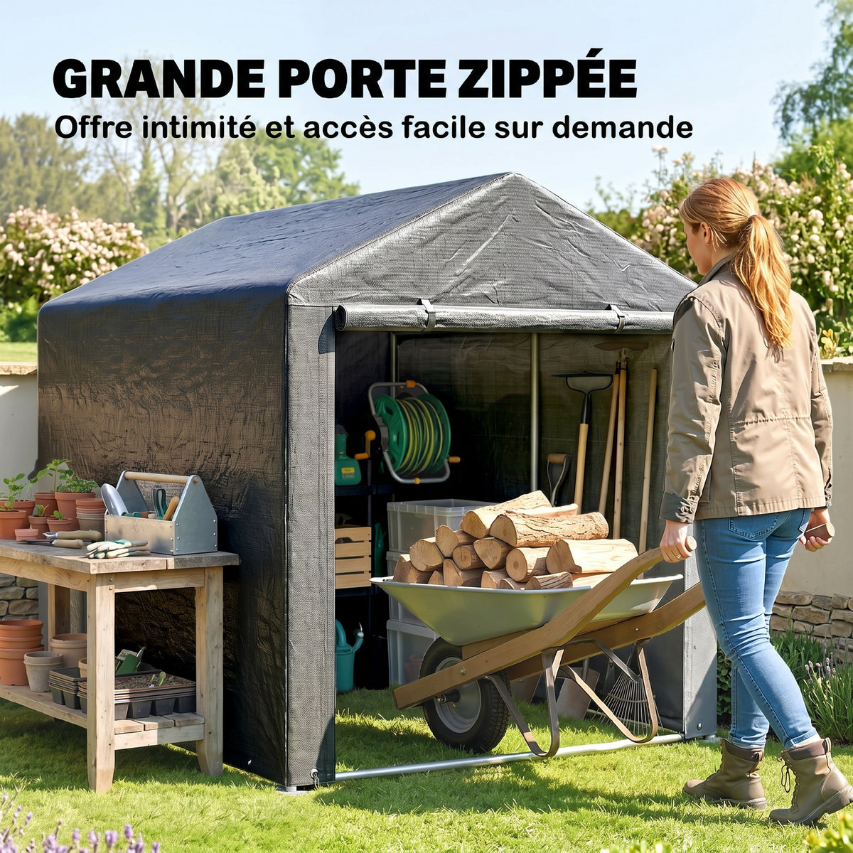 Abri de jardin tente de stockage portable abri de vélo garage pour extérieur avec cadre en acier galvanisé grande porte-5