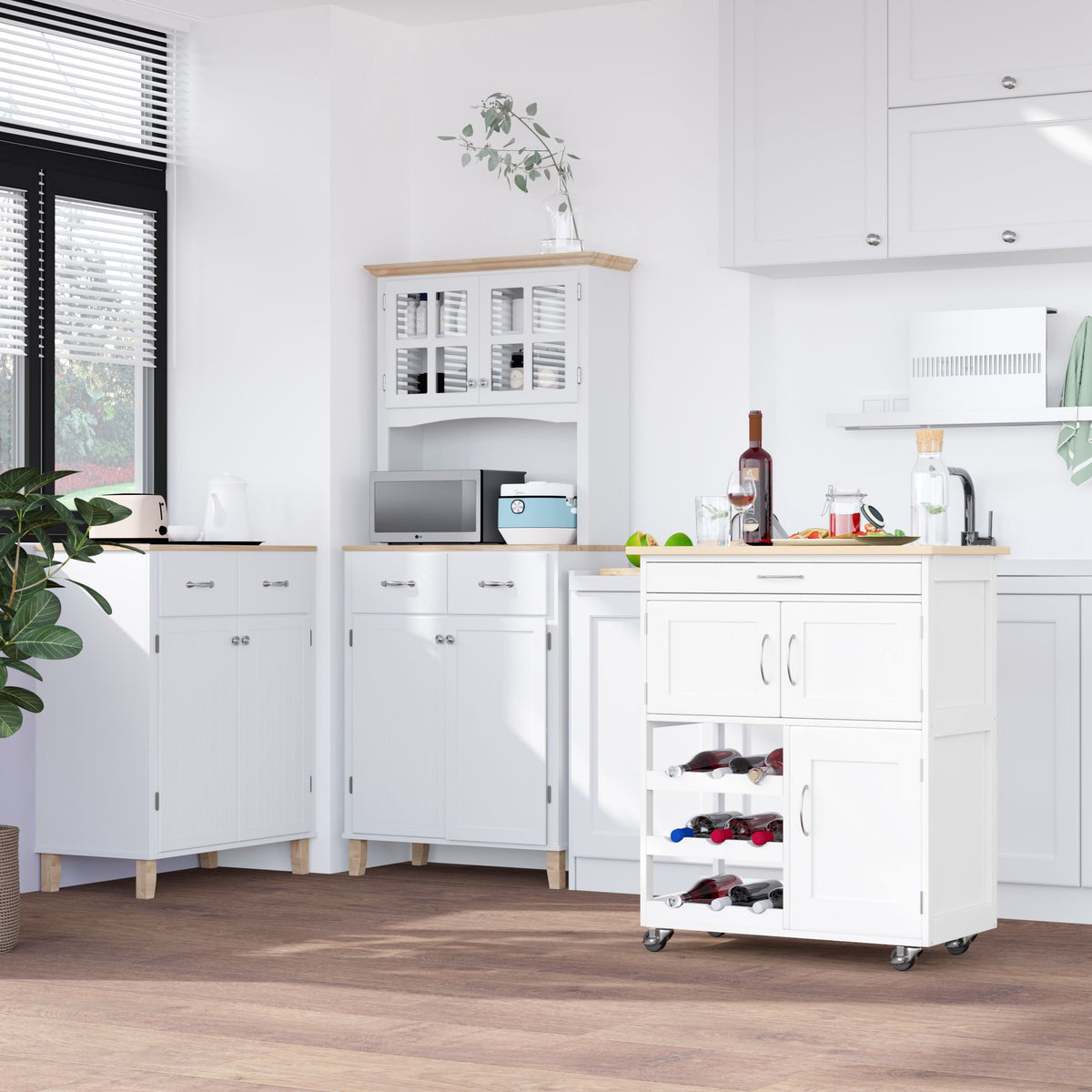Desserte de cuisine multi rangements 2 placards tiroir casier 9 bouteilles MDF blanc plateau bois caoutchouc-9