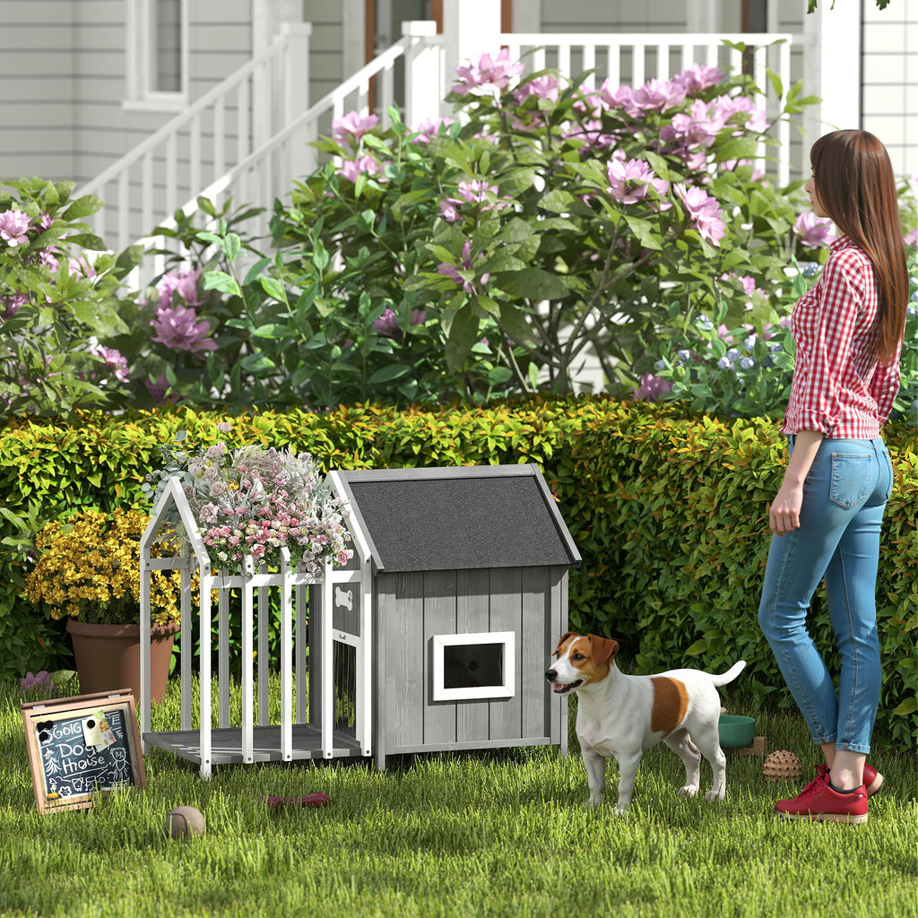 Niche pour chien extérieur en bois maison chien extérieur avec terrasse, porte à lamelles, 106 x 62,5 x 80,5 cm, gris-9