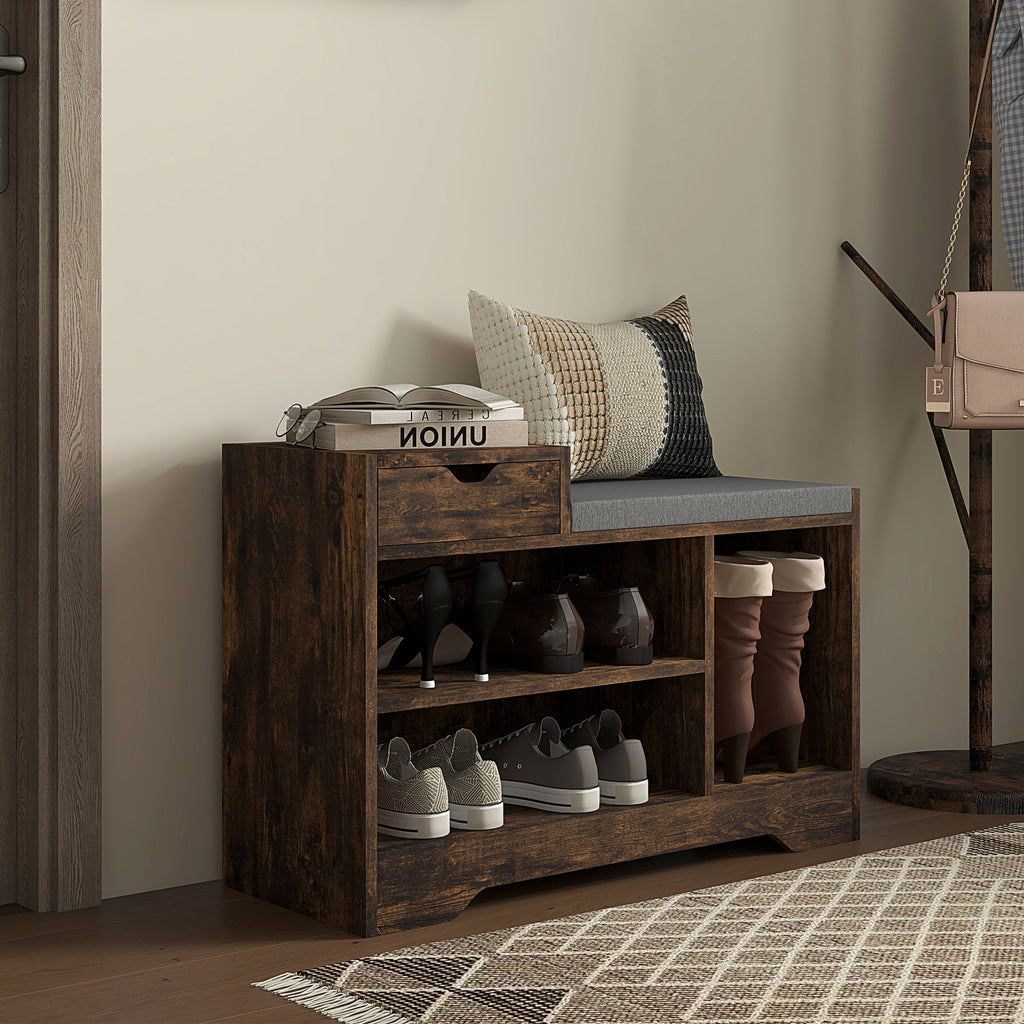 Meuble et Banc à Chaussures, 1 Tiroir et 3 Compartiments, Capacité 5 Paires, MDF, 76,5 x 30 x 52 cm, Marron-6