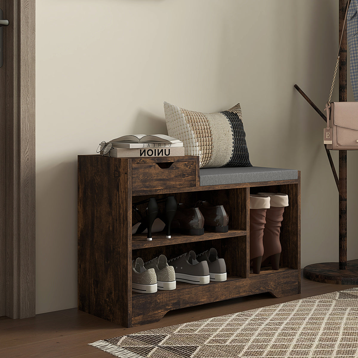 Meuble et Banc à Chaussures, 1 Tiroir et 3 Compartiments, Capacité 5 Paires, MDF, 76,5 x 30 x 52 cm, Marron-6