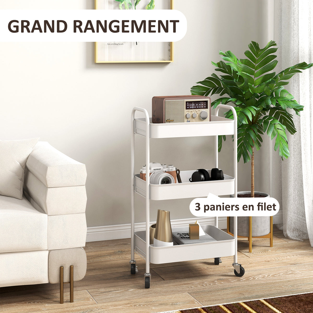 Desserte chariot de rangement en acier chariot de service à roulettes 3 plateaux ajourés 45 x 30,6 x 79 cm blanc-3