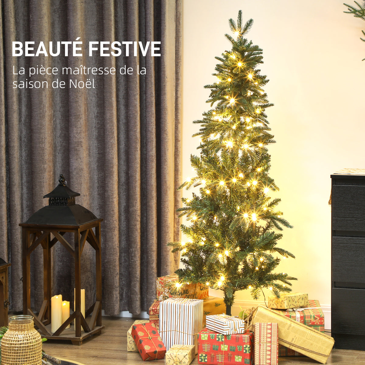 Sapin de Noël artificiel 150 cm, arbre de Noël slim avec 150 lumières 8 modes d'éclairage 431 branches articulées, vert-3
