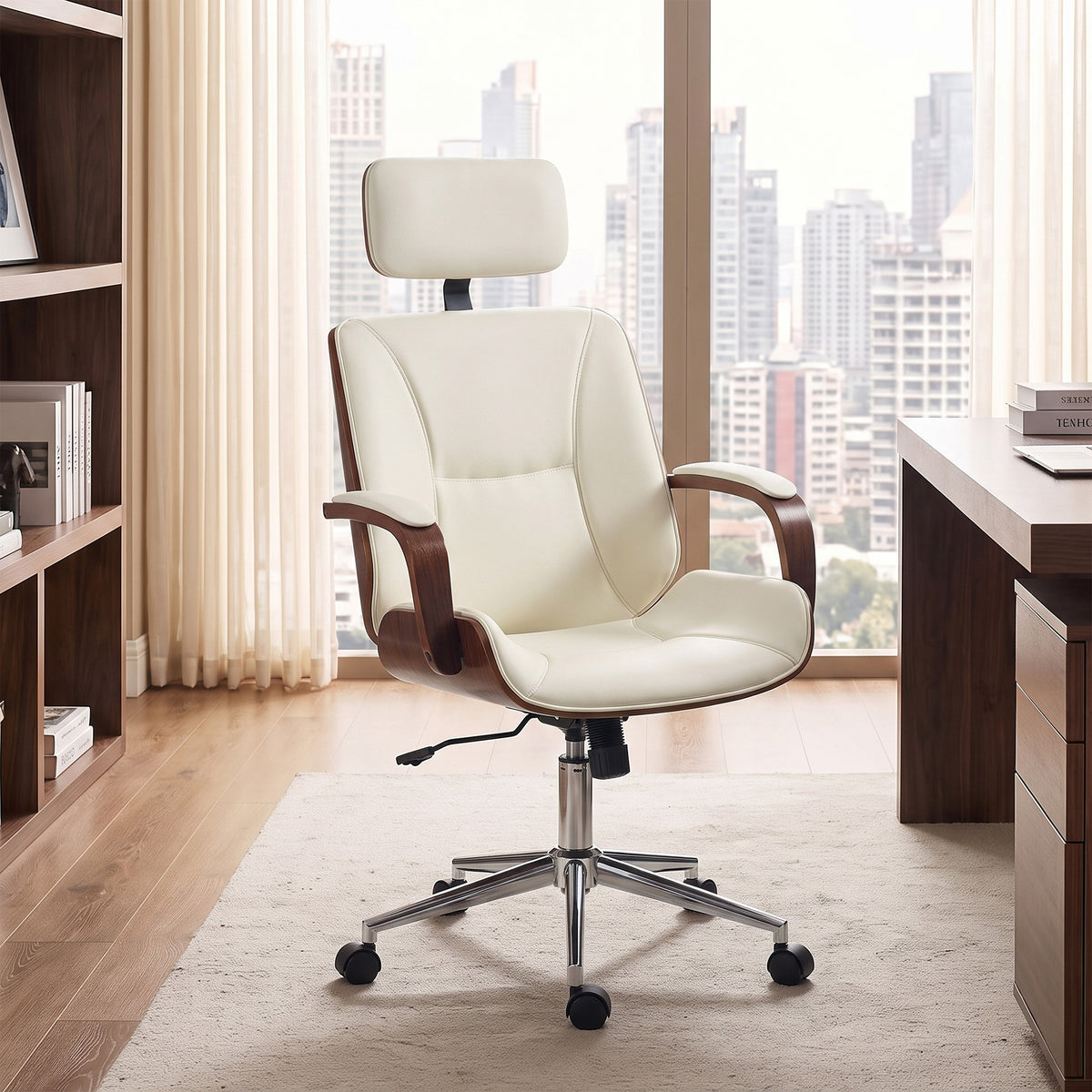 Fauteuil de bureau, chaise de bureau avec appui-tête amovible hauteur réglable et fonction de bascule, 66x65x125cm, crème-1