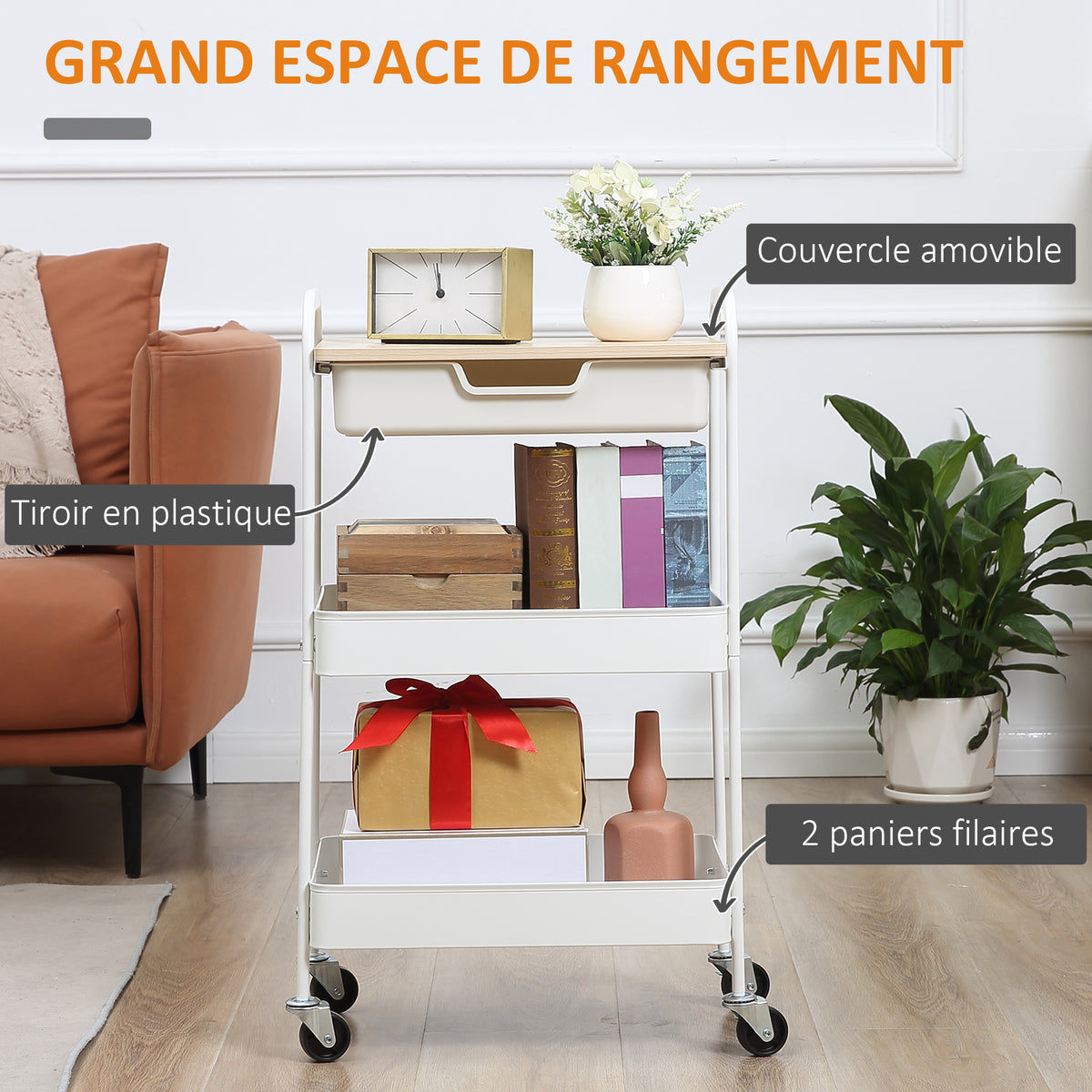 Desserte de cuisine chariot de service 2 étagères tiroir plateau aspect bois clair acier PP blanc-3