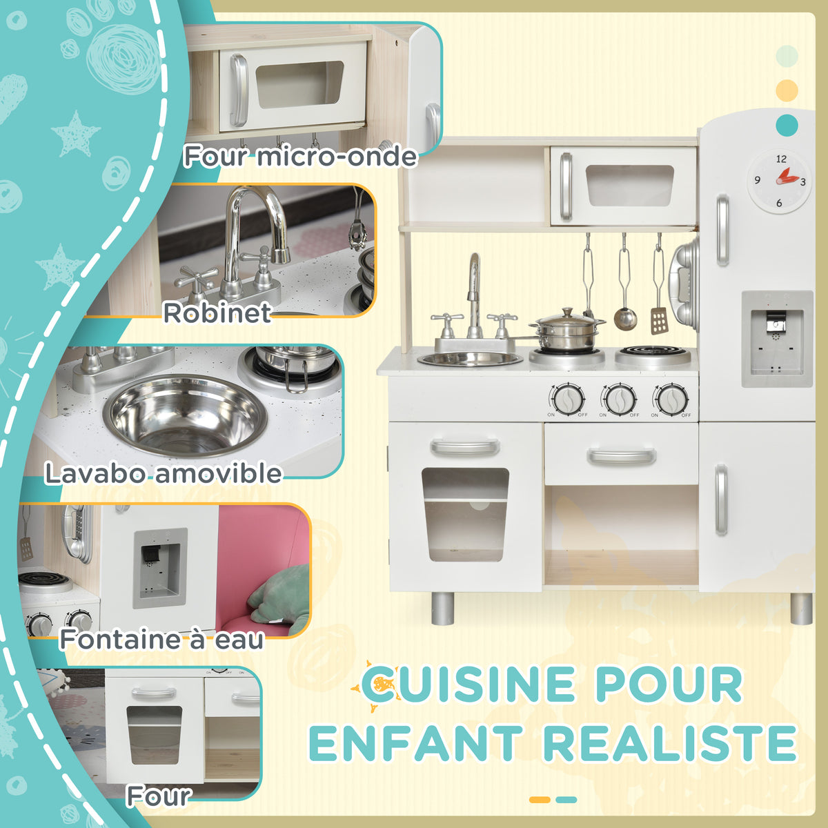 Cuisine Bois Jeu d'imitation - Cuisine Enfant - Nombreux Accessoires & rangements Inclus - MDF pin Blanc chêne Clair-3