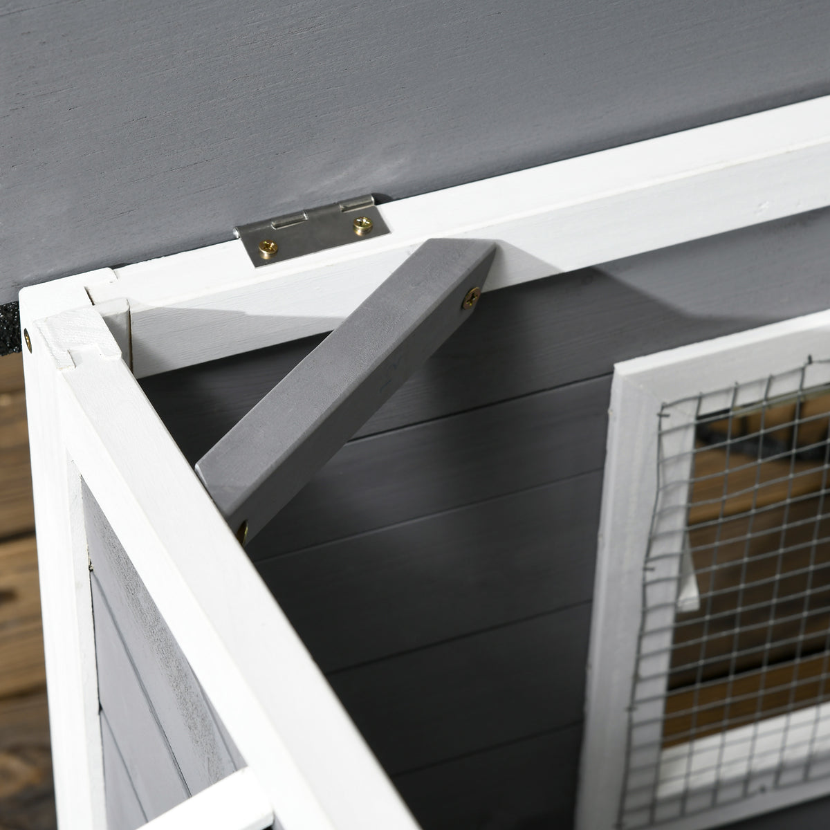 Niche chien style cottage - 2 fenêtres, porte, toit ouvrant bitumé - dim. 109 x 79 x 72 cm - bois sapin gris-8