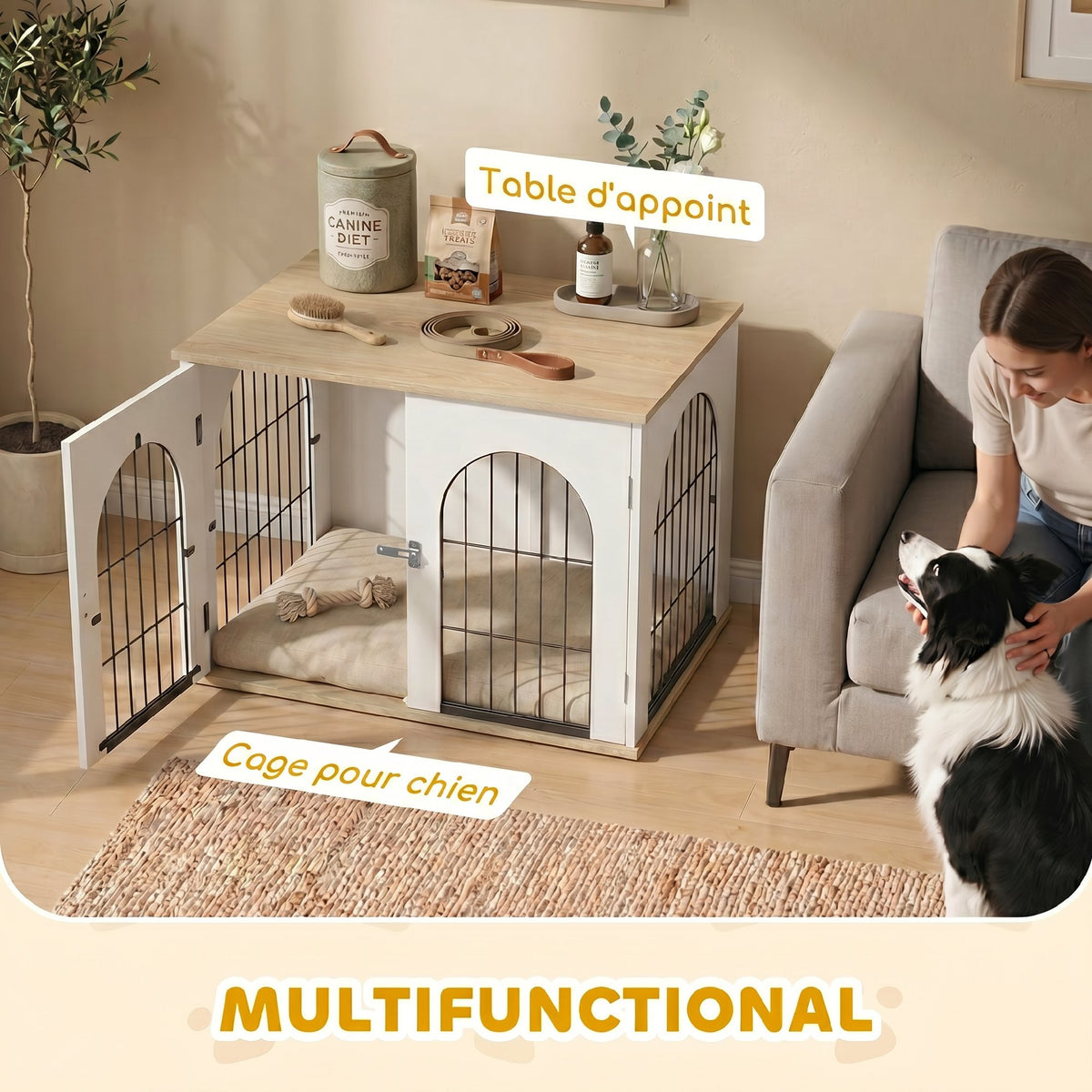 Cage pour Chien Meuble Cage Chien Intérieur Arche avec Double Porte comme Table d'Appoint en Métal 80x56x59cm Blanc-3
