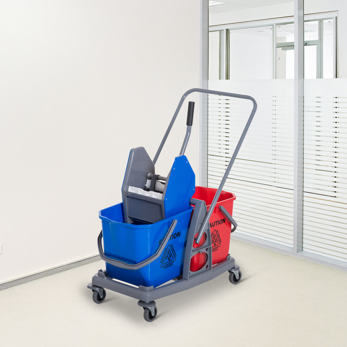 Chariot de lavage chariot de nettoyage professionnel presse à mâchoire 2 seaux 25 L 73L x 45l x 92H cm plastique gris bleu rouge-9