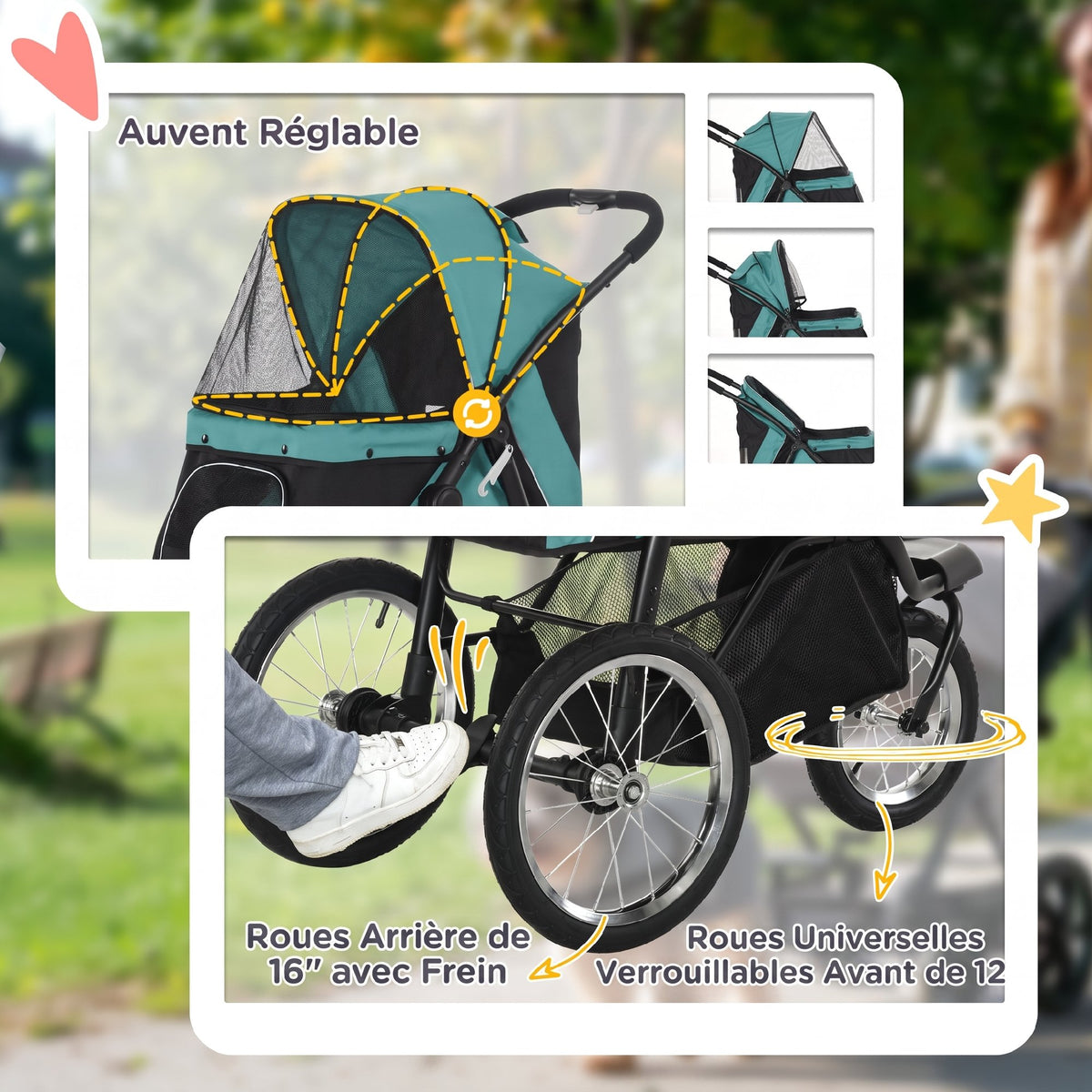 Poussette pour Chien Pliable Tout Terrain, Roue Avant Verrouillable, Coussin, Auvent Réglable, 111x58x107cm, Vert Foncé-6