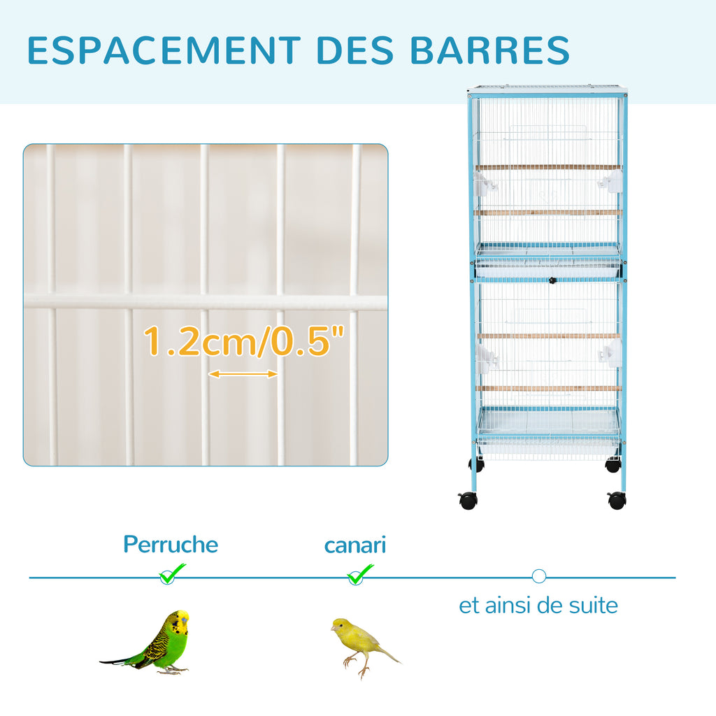 Grande Cage à Oiseaux sur Pied Double avec Mangeoires Perchoirs Plateau Amovible Roulettes 51,5 x 50 x 140 cm Bleu Clair-6