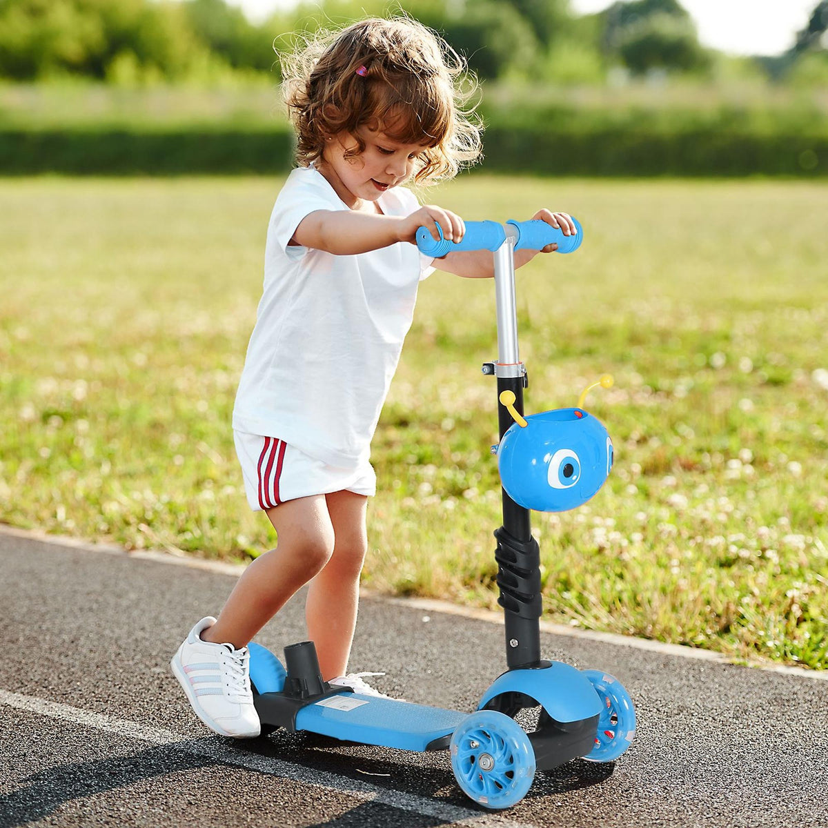 3 en 1 Trottinette pour Enfants Trottinette 3 Roues évolutive Hauteur Guidon réglable charge max. 50 Kg Canne télescopique Selle Dossier Amovible Bleu-1