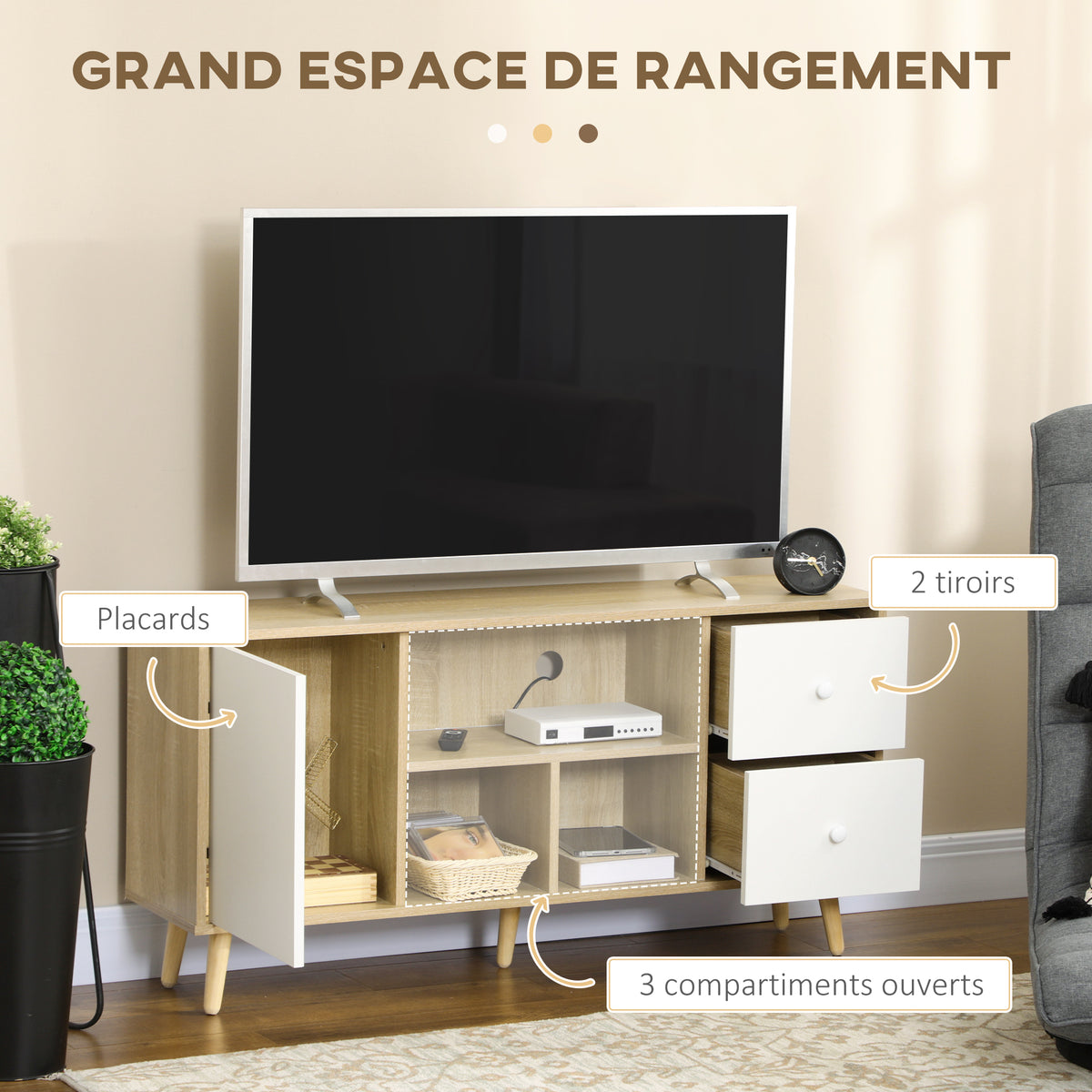 Meuble TV pour télévision jusqu'à 45 pouces pieds en bois massif style scandinave 3 niches 1 placard 120 x 30 x 60 cm-3
