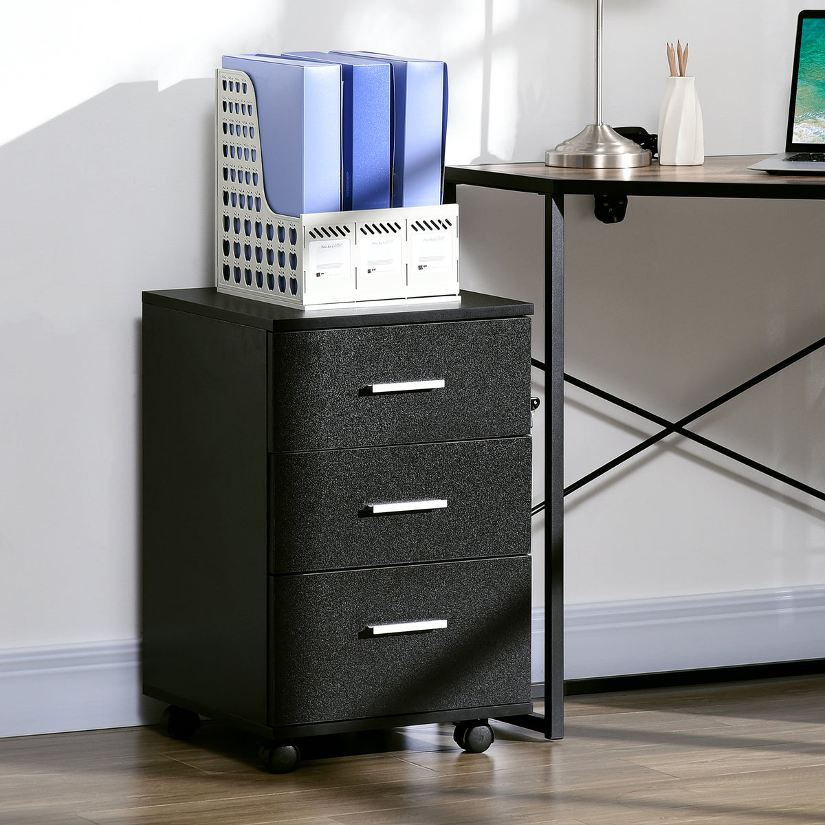 Caisson de Bureau Rangement Bureau sur Roulettes 3 Tiroirs Verrouillables 40 x 40 x 61,5 cm Noir-9