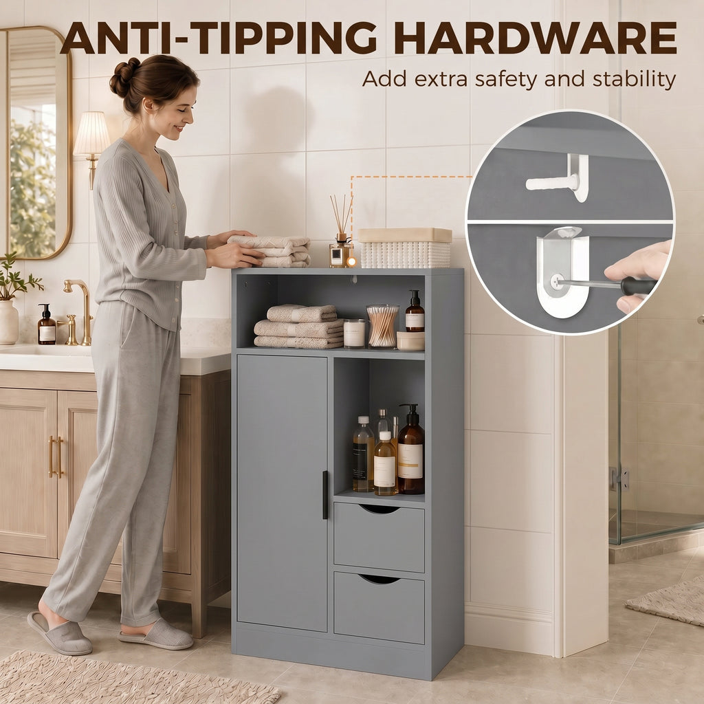 Meuble de salle de bain, meuble de rangement étroit avec 2 tiroirs, compartiments ouverts, 50x25x100cm, gris-7