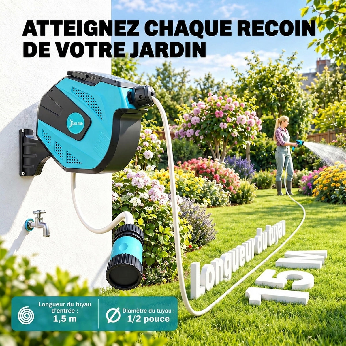 Enrouleur automatique pivotant 180° fixation mural avec tuyau 15 + 1,5 m avec Buse de Pulvérisation, noir et vert-3