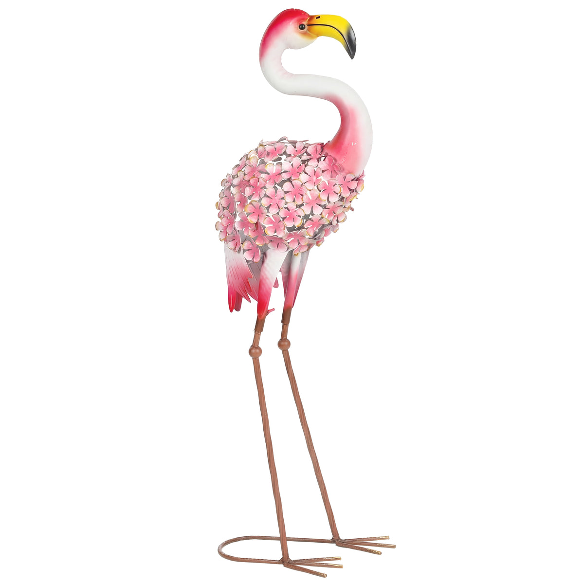 Statue de Jardin Flamant Rose, Sculpture d'Oiseau en Métal avec Plumes Florales, 28 x 19 x 83 cm, Rouge-0