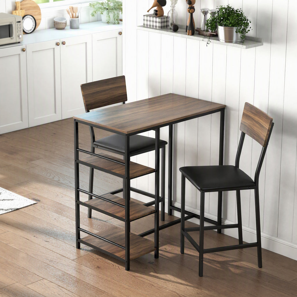 Ensemble Table de Bar avec 2 Tabourets, Table Haute de Cuisine et 2 Chaises de Bar Rembourrées PU, Noyer-1