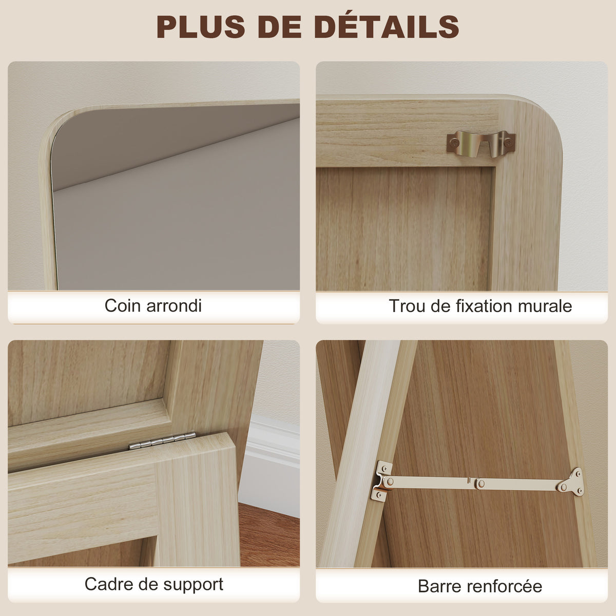 Miroir sur Pied et Mural rectangulaire dim. 37L x 43l x 156H cm bois naturel-5
