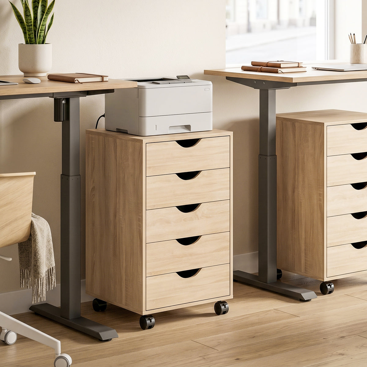 Caisson bureau mobile, meuble rangement sur roulettes avec 5 tiroirs, bois, 40 x 40 x 67 cm, chêne-7