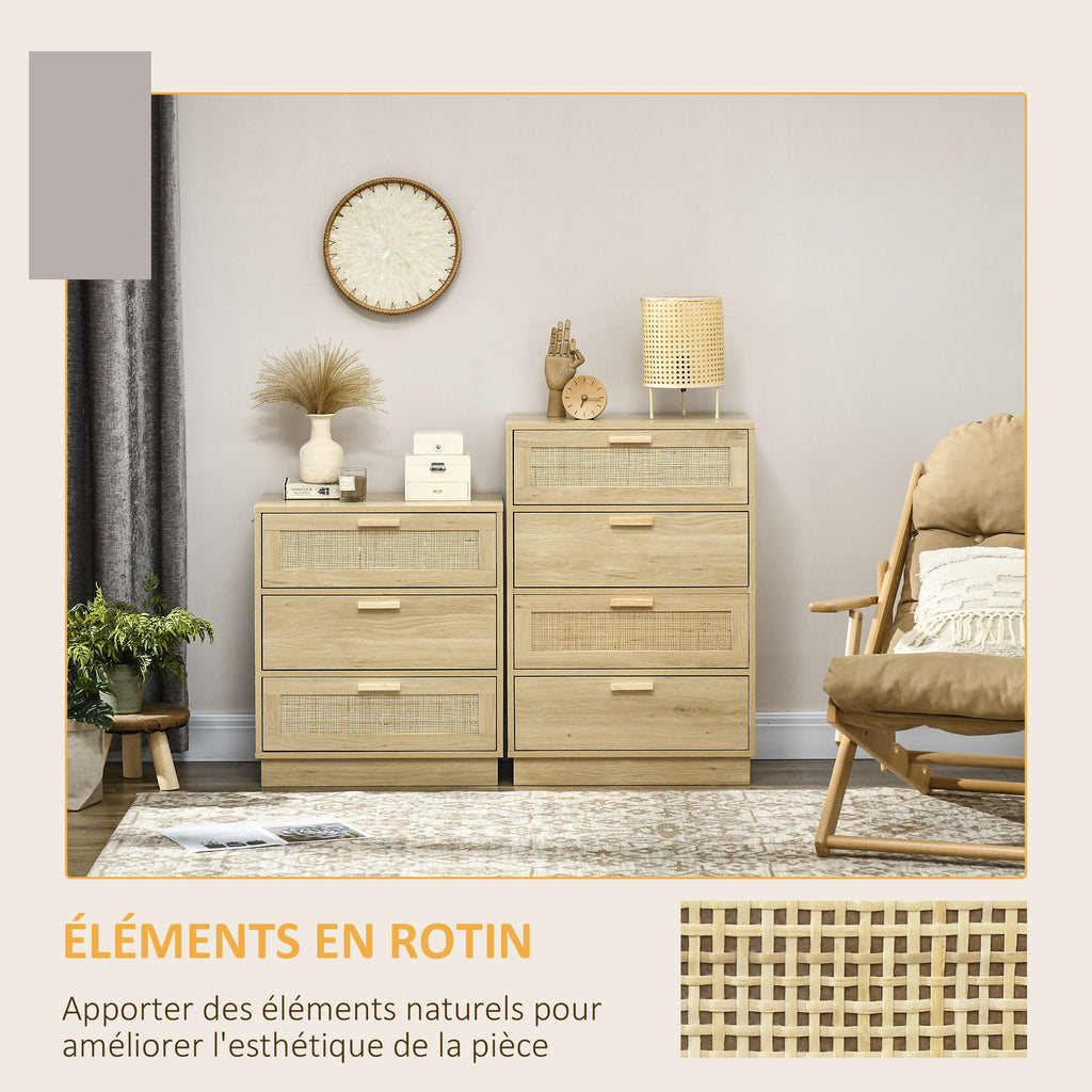 Commode design bohème en rotin avec 3 tiroirs, meuble de rangement pour le salon, le couloir, l'entrée, bois naturel-4
