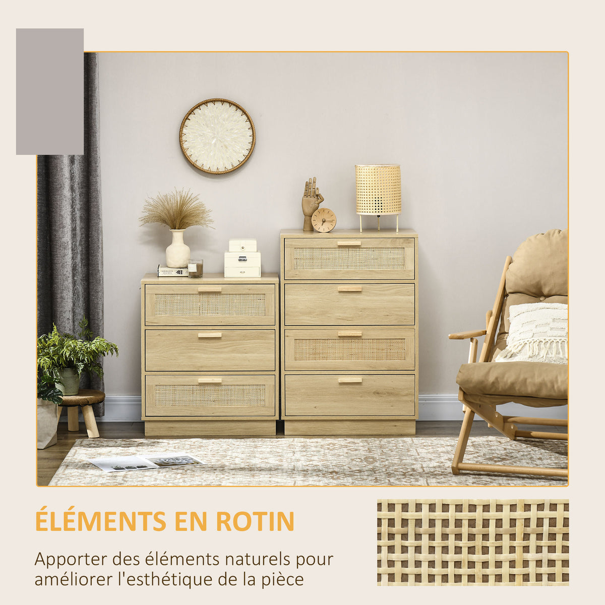 Commode design bohème en rotin avec 3 tiroirs, meuble de rangement pour le salon, le couloir, l'entrée, bois naturel-4