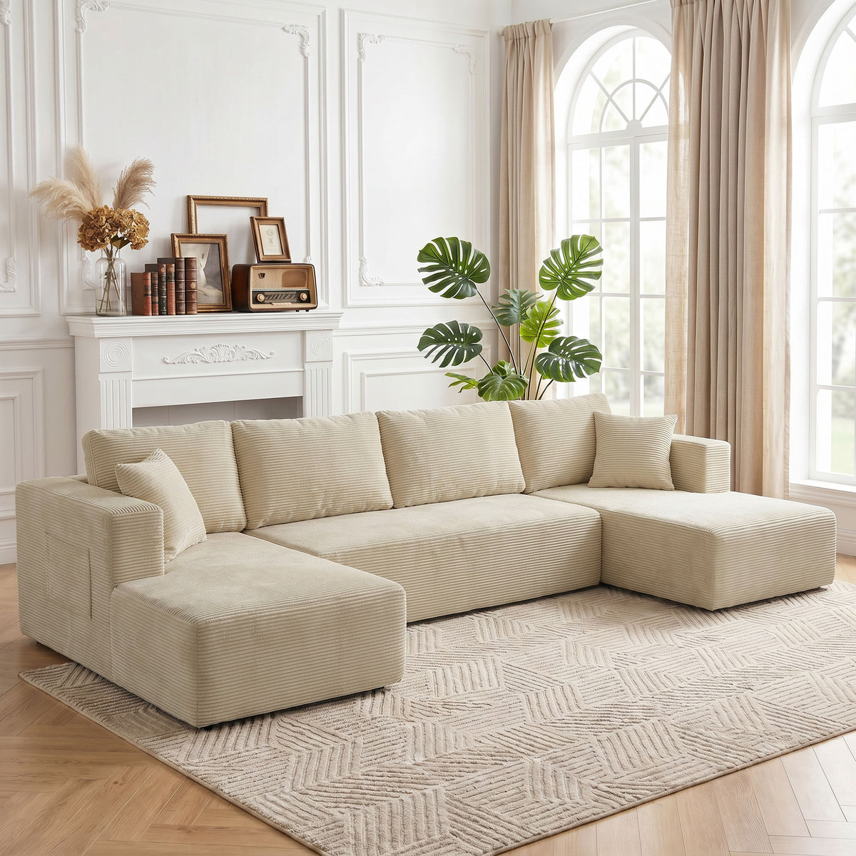 Canapé Modulaire en U Compressé 337 cm, Canapé Convertible 4 places en Velours Côtelé, Assise Large, Crème-1
