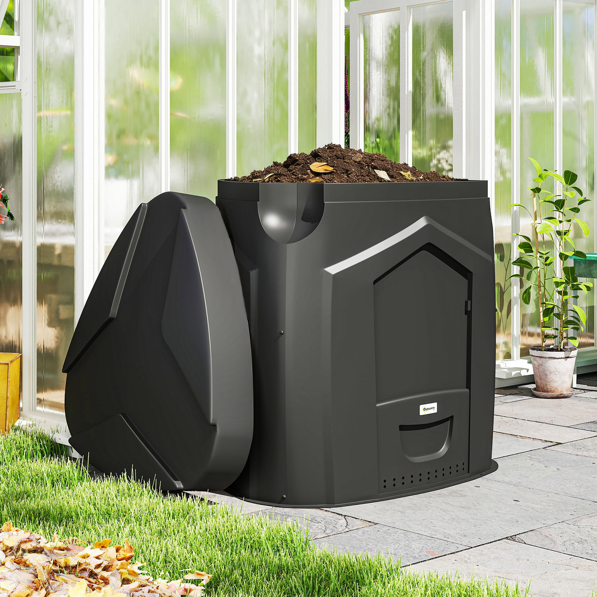 Composteur de jardin, 240L, bac à compost extérieur, en polypropylène, 3 Portes, 66 Aérations, 78 x 75 x 78 cm, Noir-1